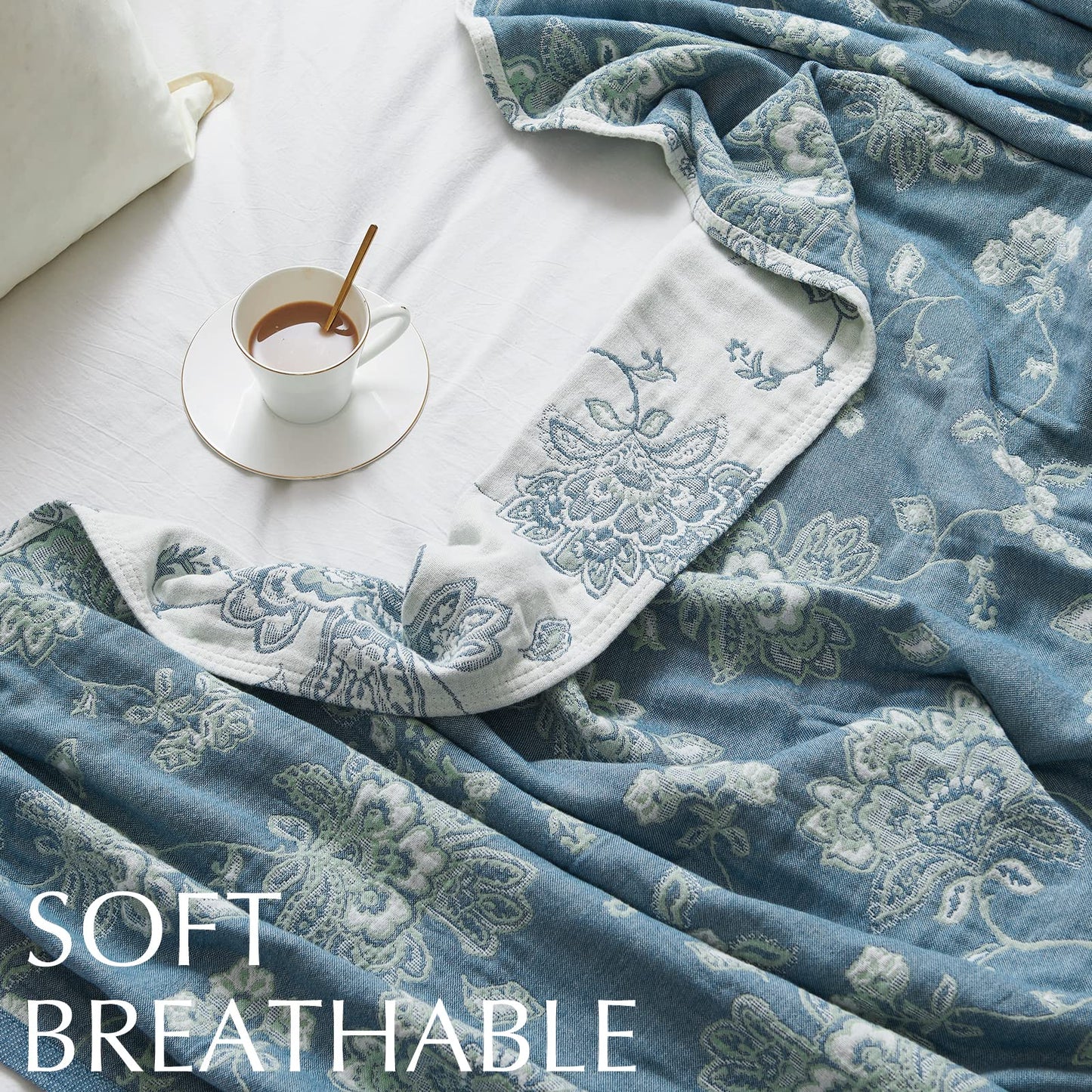 jinchan Boho 100% Cotton Muslin Twin Size 60x80 Inches Blanket Lightweight 4-Layer Quilted Soft Blue and White Floral Throw Blanket Green Accents Reversible Comfy Flower Summer Couch Bedroom Decor