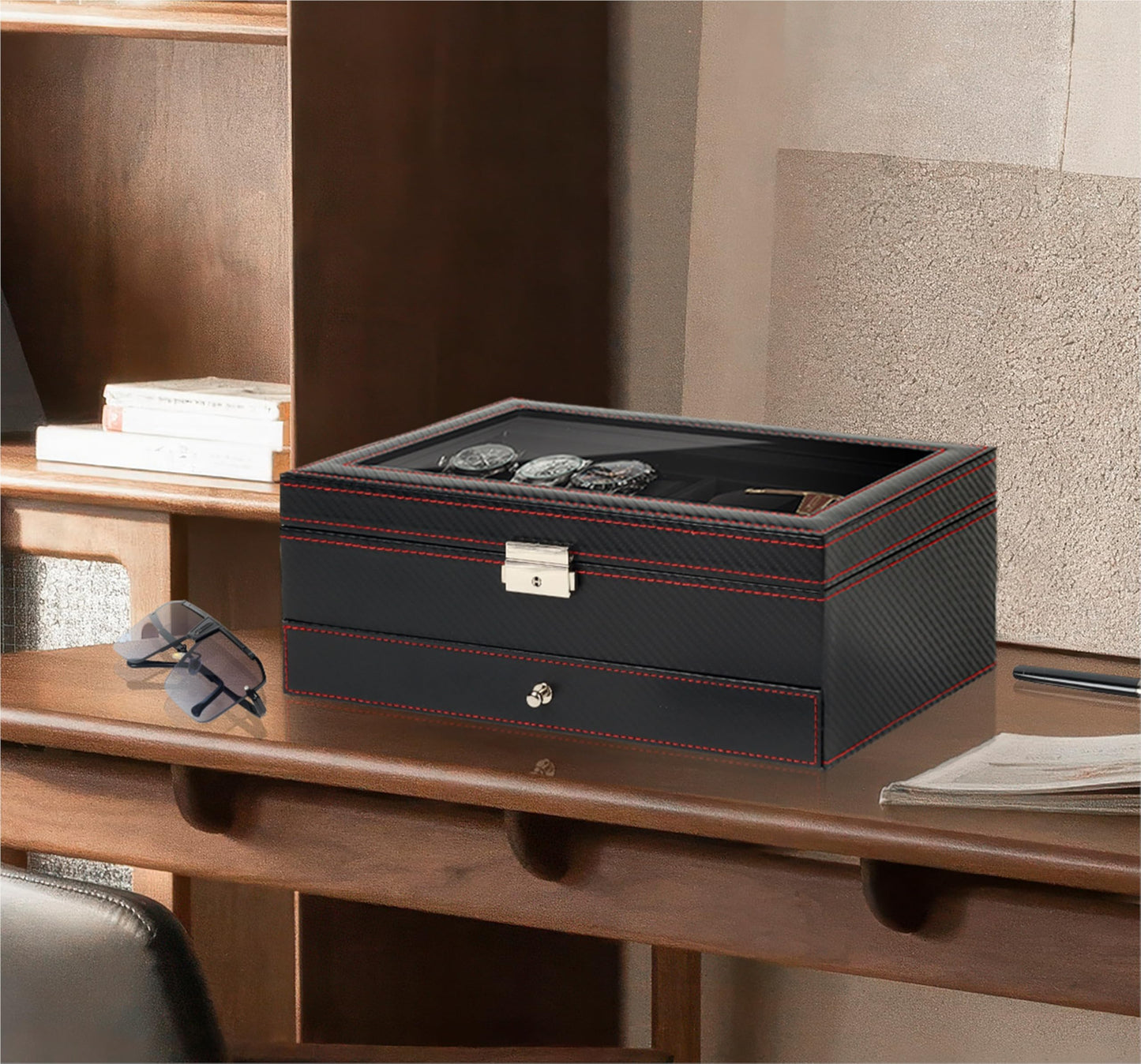 Kukikan Watch Jewelry Box Organizer, 6-Slot 2-Layer Watch Case and Sunglasses Storage with Large Glass Lid, Men's Jewelry Box with Lock, Watch Holder Display Case, Gift for Men Women