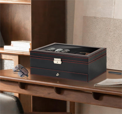 Kukikan Watch Jewelry Box Organizer, 6-Slot 2-Layer Watch Case and Sunglasses Storage with Large Glass Lid, Men's Jewelry Box with Lock, Watch Holder Display Case, Gift for Men Women