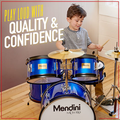 Mendini by Cecilio Kids Drum Set, 5 Piece 16 Inch Junior Drums Kit with Bass, Toms, Snare Drum, Cymbal, Hi-Hat, Drumsticks & Seat for Beginner Student (Metallic Blue)