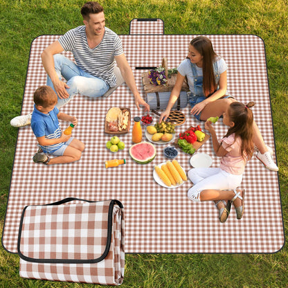 GUSUWU Picnic Blanket Waterproof Beach Rug 80''x80'' Picnic Mat Washable Lightweight with Handle Coffee Checkered for Hiking Travelling Outdoor Camping,Parks