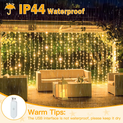 Ollny Curtain Lights 6.6x6.6ft, 200 LED String Lights with Remote 8 Modes Dimmable Timer, USB Power Fairy Light for Bedroom Backdrop Indoor Wall Window Wedding Decor, Warm White