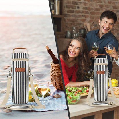 opux Wine Bag Single Bottle Carrier Tote, Insulated Wine Cooler Bag for Travel Picnic Beach with Shoulder Strap, Thermal One Bottle Holder Carrying Case Gift for Women Men, Navy White Stripes