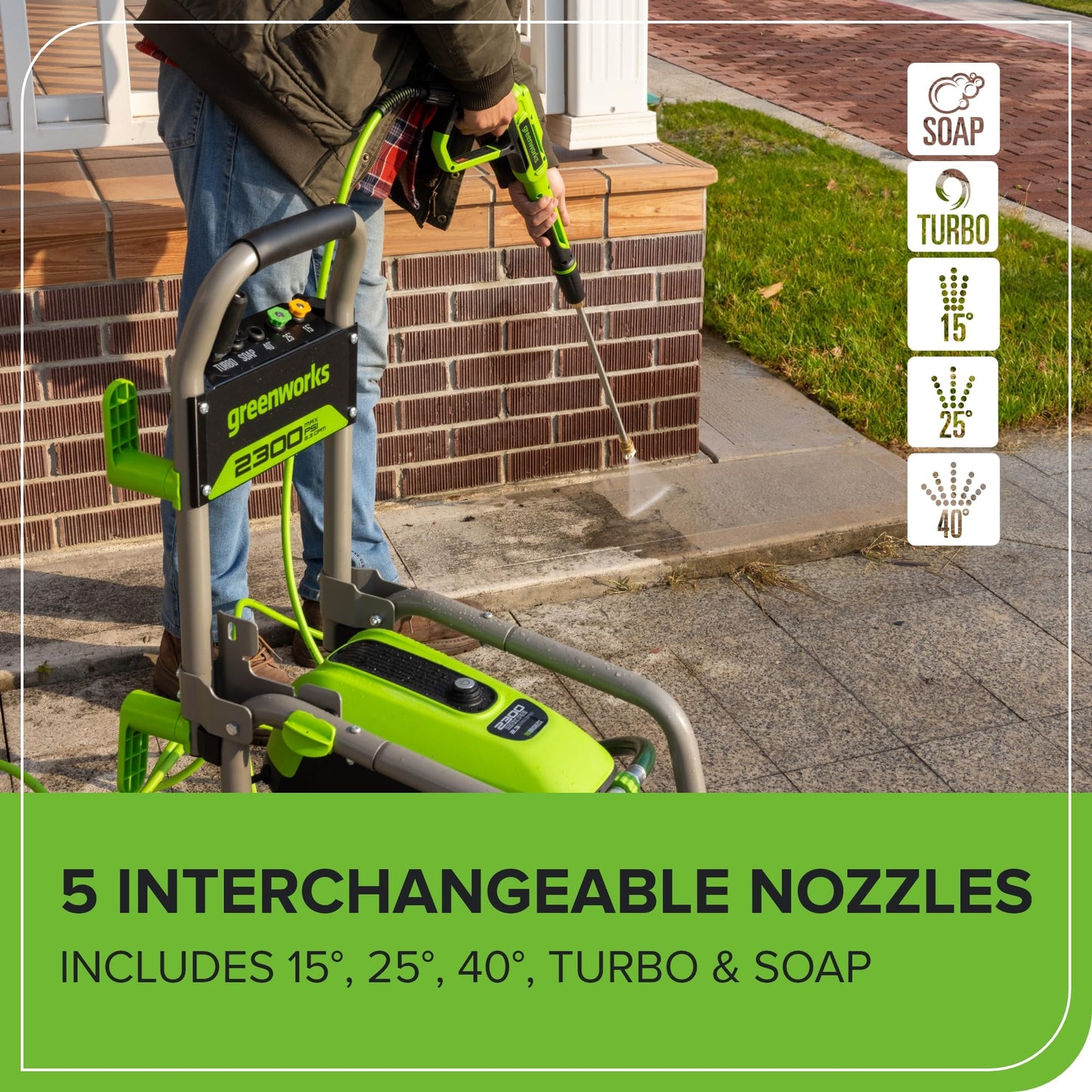 Greenworks Pro Brushless 2300 PSI (SGS Certified) 2.3 GPM Max / 1.2 GPM Electric Pressure Washer (Foldable Handles, Rugged Steel Frame, 25 FT Hose, 35 FT GFCI Power Cord)