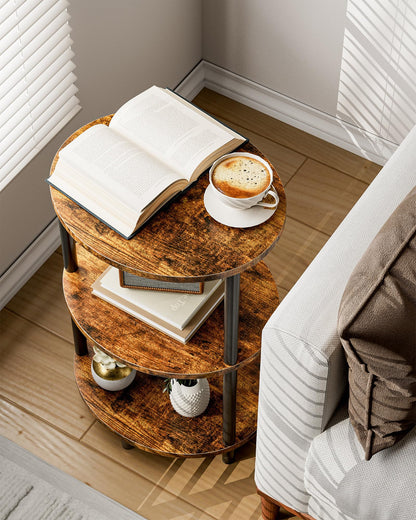 RISWER Small Round Side Table - 3-Tier Oval Accent Table for Small Spaces, Rustic Wood and Metal Couch End Table, Nightstand for Bedroom or End Table Living Room, Easy to Assemble, Rustic Brown