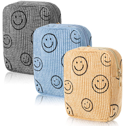 Photect 3 Pcs Corduroy Cosmetic Bag Smile Face Aesthetic Preppy Pencil Pouch Purse Travel Beauty Makeup Bags for School Christmas Women Holiday Organizer Gifts(Stylish,Yellow, Gray, Blue)