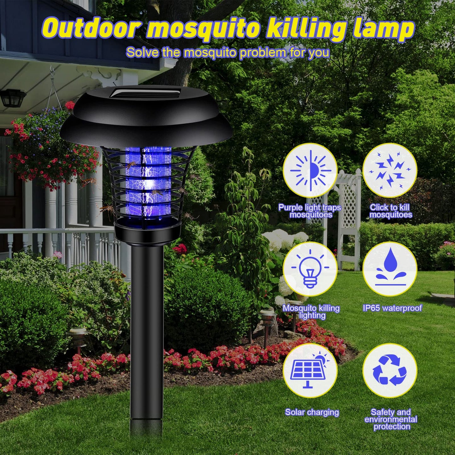 Qualirey 4 Pcs Solar Bug Zapper Waterproof Outdoor Mosquito Zapper Killer and Lighting Repellent Lamp for Indoor Outdoor Use Garden Patio, Purple and White Light(Plastic,Black)