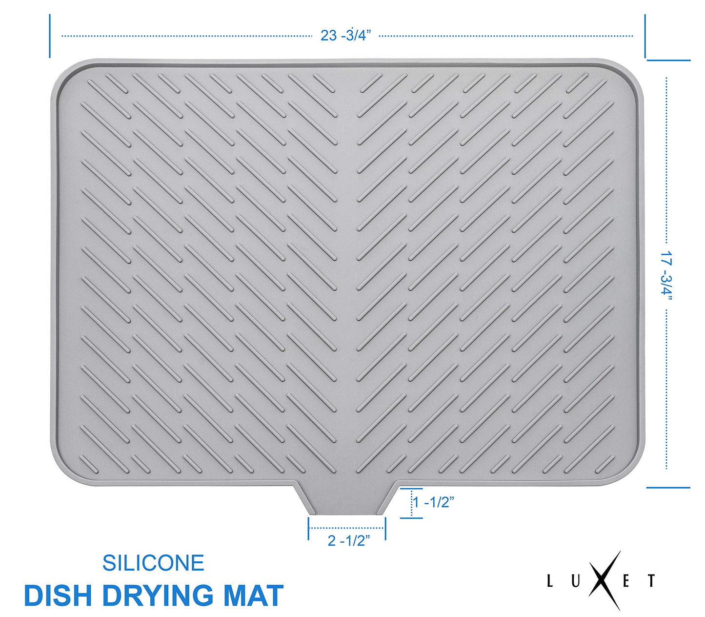 Luxet Silicone Dish Drying Mat with Built-in Drain Lip - Hygienic Drying Pad - Sturdy Compact Easy to Clean Tray Protects Surfaces Prevents Water Build Up - 23 X 17 (Grey)