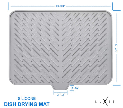 Luxet Silicone Dish Drying Mat with Built-in Drain Lip - Hygienic Drying Pad - Sturdy Compact Easy to Clean Tray Protects Surfaces Prevents Water Build Up - 23 X 17 (Grey)