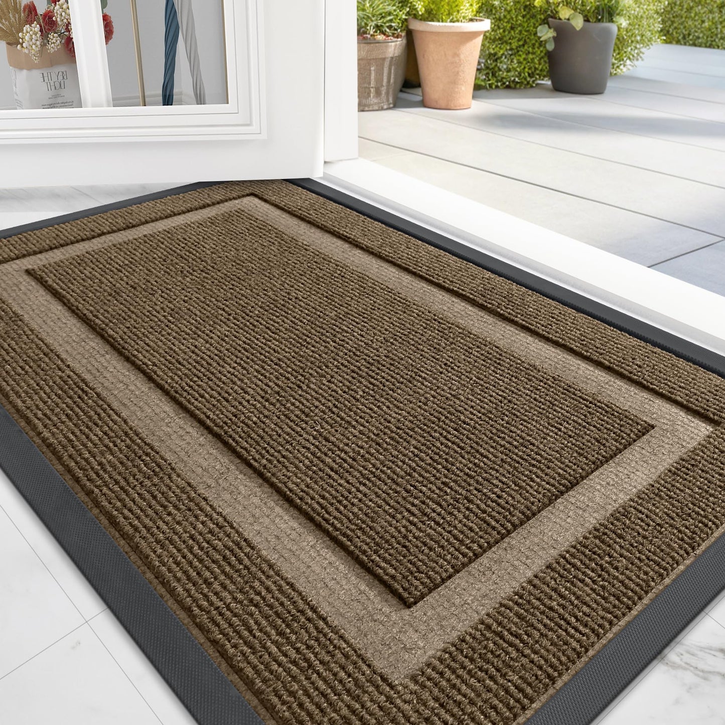 OLANLY Front Door Mat Indoor Outdoor Entrance, Waterproof All-Season, All-Weather Doormat, Sturdy Natural Rubber, Fade Resistant, Low Profile, Easy Clean Patio Porch Entryway Mat, 29.5x17, Brown