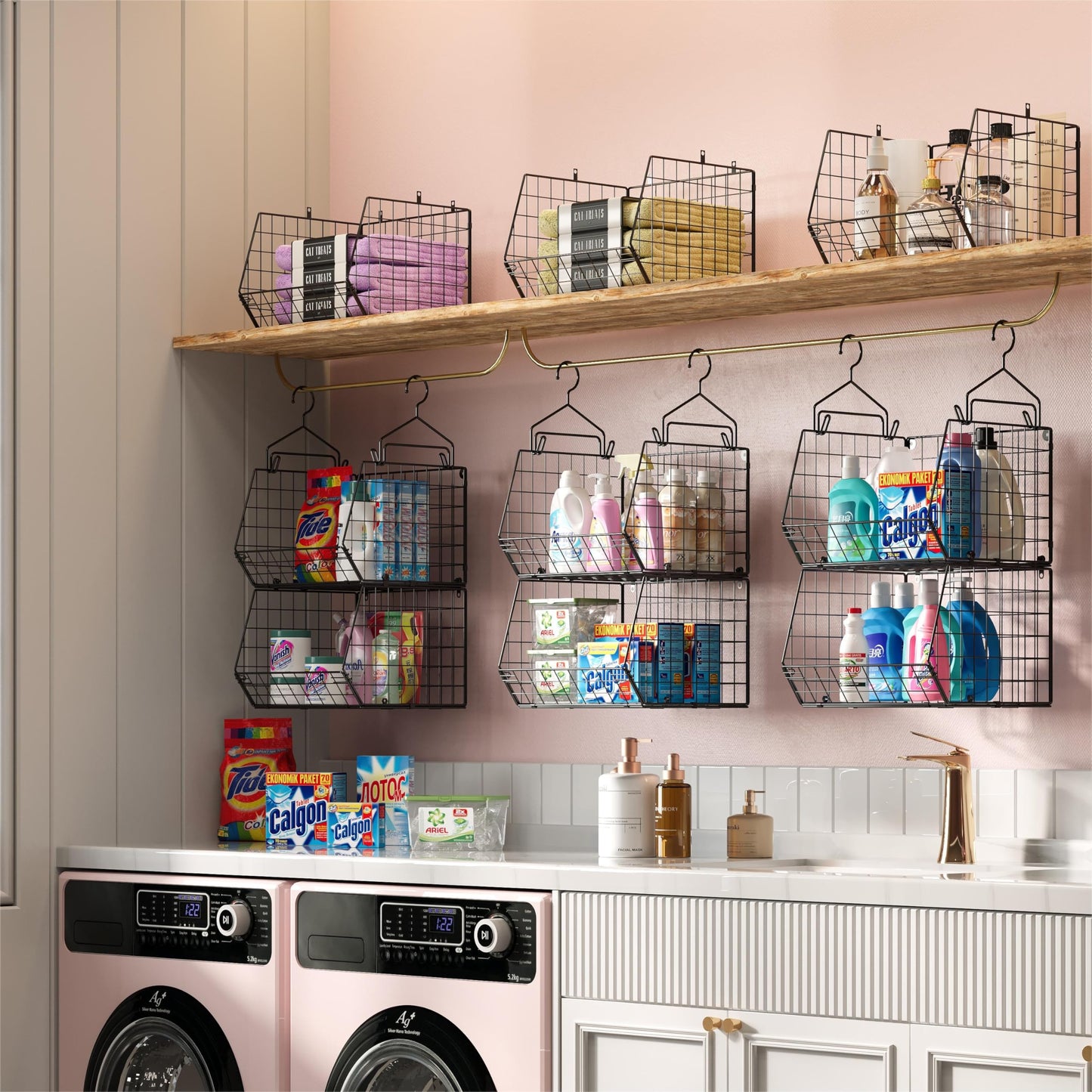 5 Tier Closet Hanging Organizer, Clothes Hanging Shelves with 4 Hanging Hooks 5 S Hooks, Wire Storage Basket Bins, for Clothing Sweaters Shoes Handbags Clutches Accessories Patent Design