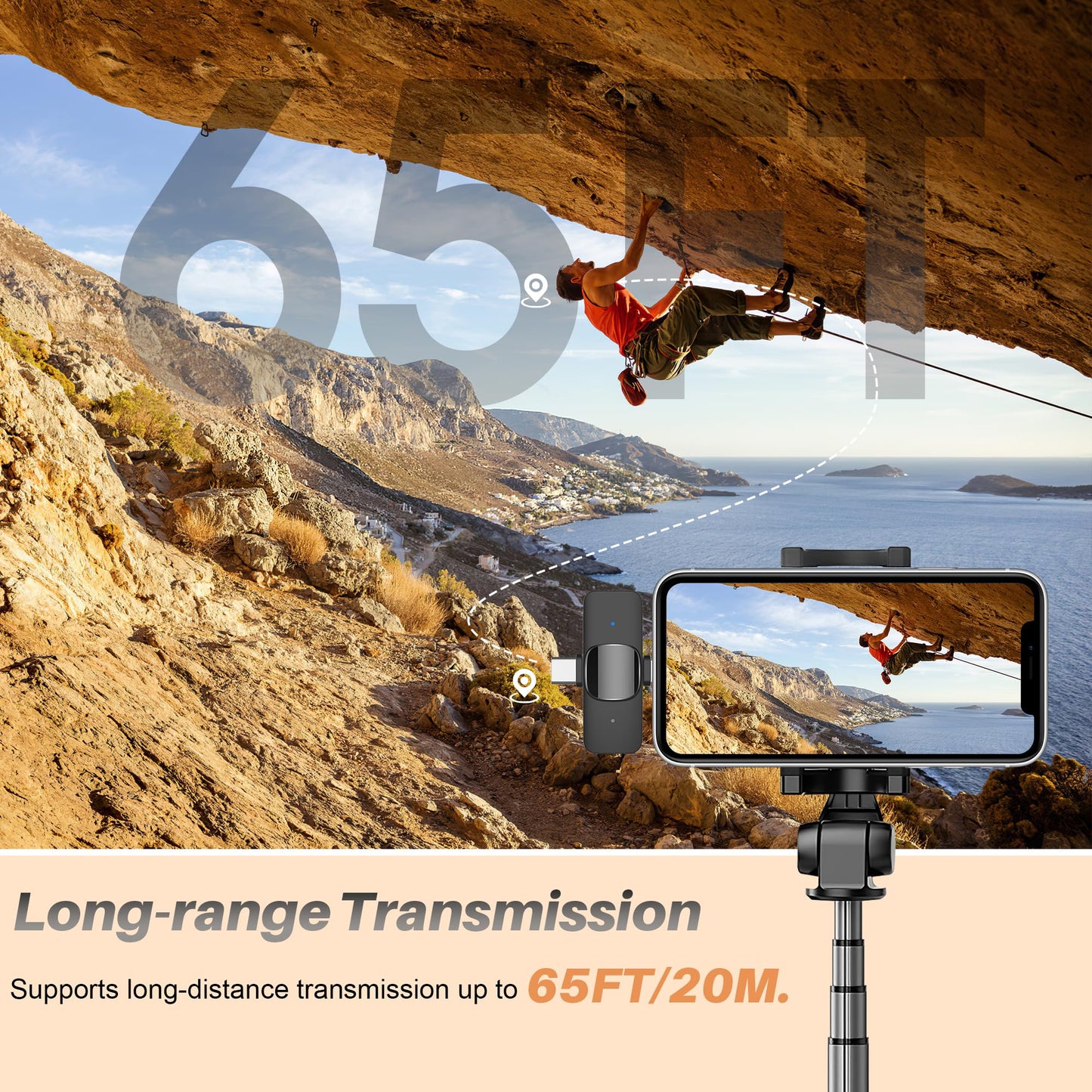 2 in 1 Wireless Lavalier Microphone for iPhone iPad and Android Phone, Plug and Play Laple Mics with Noise Reduction, 65FT Range, Real-Time Sync Microphone for Video Recording, Streaming, Interviews