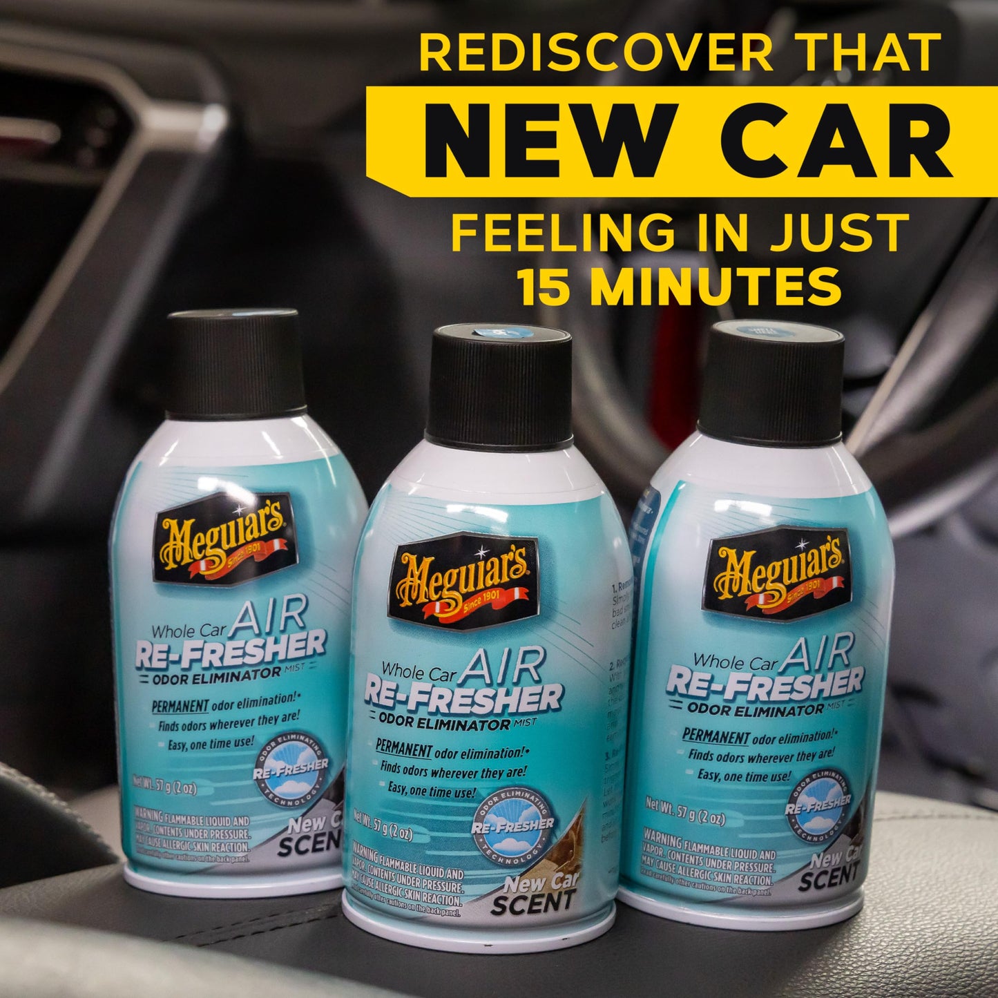 Meguiar's Whole Car Air Refresher, Odor Eliminator Spray Eliminates Strong Vehicle Odors, New Car Scent - Three 2 Oz Spray Bottles