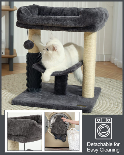 Hoopet 20-Inch Cat Tree Tower, Small Cat Scratching Post for Indoor Cats and Kittens, Sisal Cat Scratcher with Plush Bed Perch, Self Groomer and Hanging Toy Ball, Smoky Grey