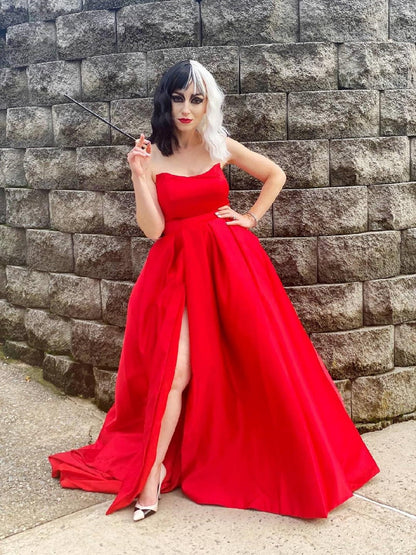 MllesReve Womens Long Strapless Satin Prom Dress Sleeveless Slit Evening Ball Gown with Pockets Burgundy Size 6