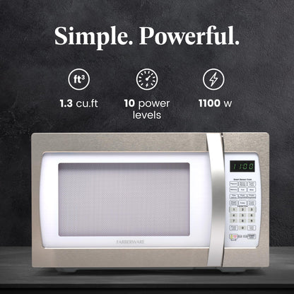 Farberware Countertop Microwave 1100 Watts, 1.3 cu ft - Smart Sensor Microwave Oven With LED Lighting and Child Lock - Perfect for Apartments and Dorms - Easy Clean Retro White, Platinum