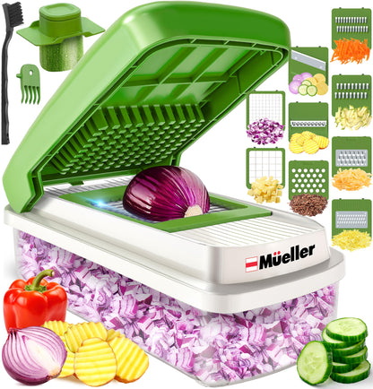 Mueller Vegetable Chopper 9 Blade, Mandoline Slicer, Food Veggie Chopper, Cheese Grater, Onion Vegetable Cutter with Container, Dicer, Kitchen Gadgets & Essentials, White Sand/Green