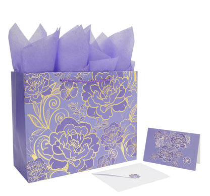Qirrmiy 13" Large Rose Purple Gift Bag Set with Greeting Card and Tissue Paper for Women or Girls for Celebrating Birthdays, Valentine's Day, Weddings, Anniversaries, Mother's Day