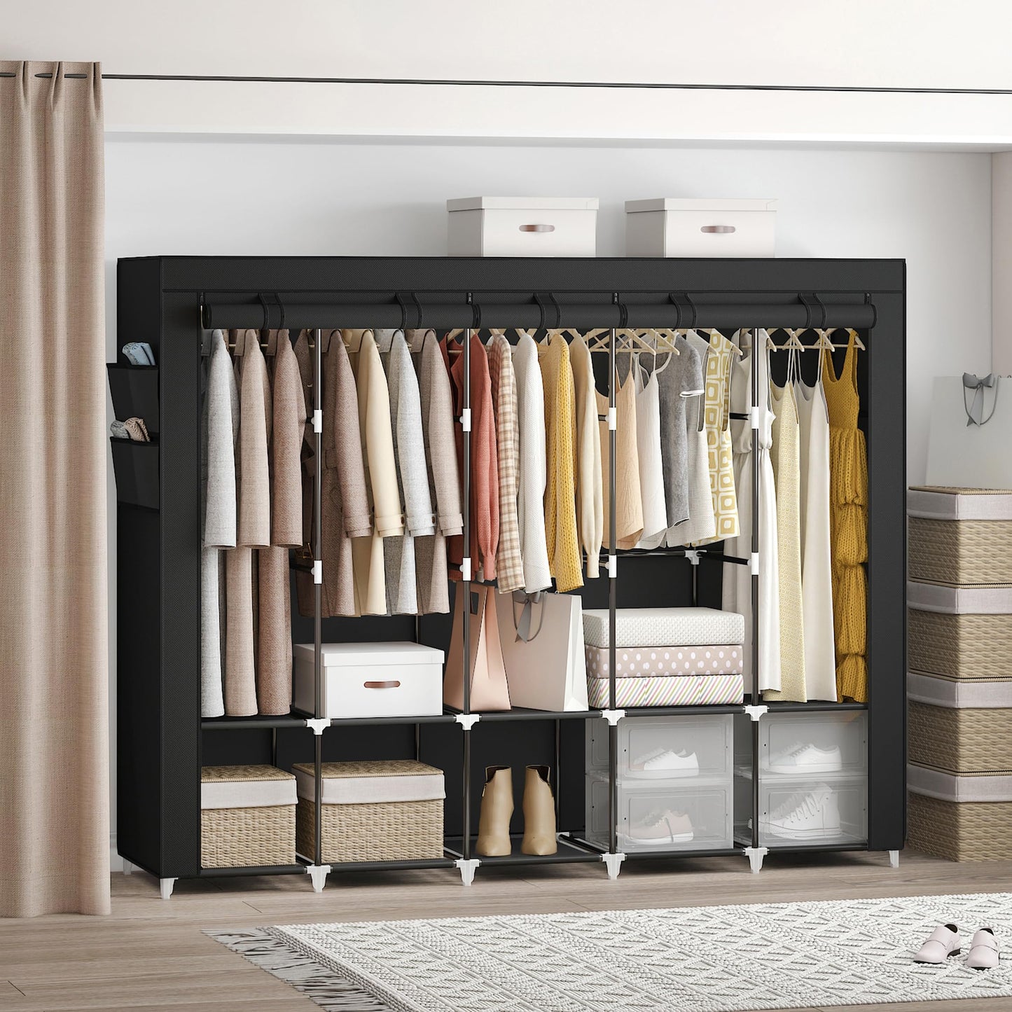 MOGELAFOO 83 Inch Wide Portable Closet Wardrobe, Clothes Storage Rack Organizer with Cover, Side Pockets, 5 Clothes Hanging Rods and 10 Storage Shelves, Black