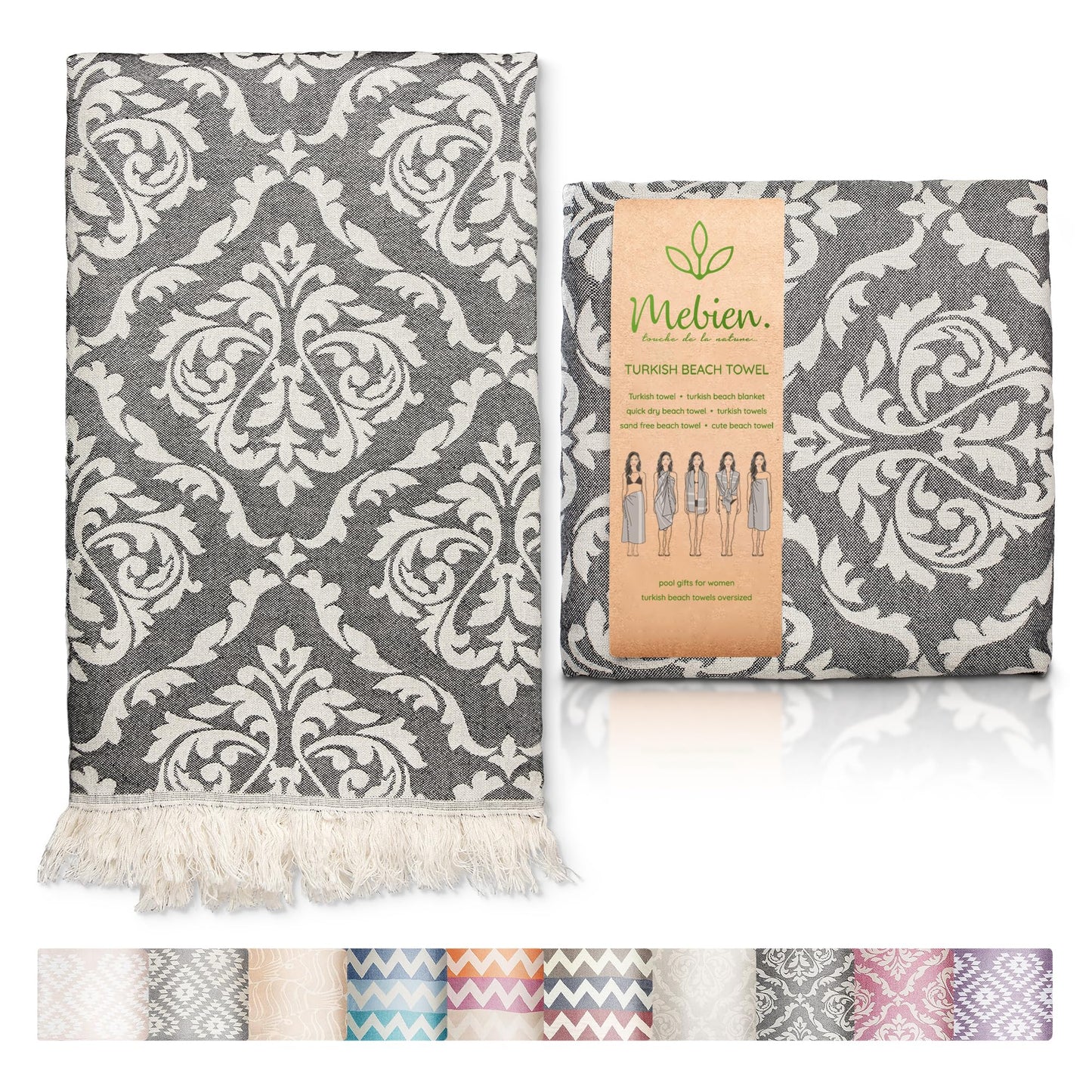 Mebien touche de la nature Premium Turkish Beach Towel – 35"x67" – 100% Cotton – Quick Dry Towel & Sand Free – Renaissance Black – Ideal for Travel & Pool