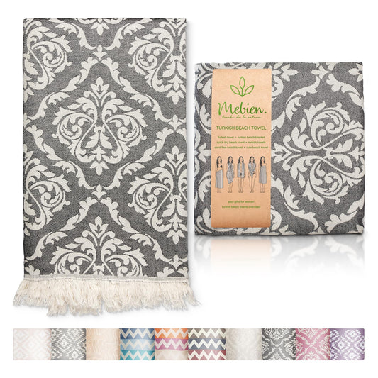 Mebien touche de la nature Premium Turkish Beach Towel – 35"x67" – 100% Cotton – Quick Dry Towel & Sand Free – Renaissance Black – Ideal for Travel & Pool