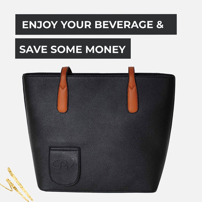 PortoVino Classic Tote Bag - Vegan Leather Wine Purse with Hidden Spout and Dispenser Flask for Wine Lovers that Holds and Pours 2 Bottles! For Traveling, Concerts, Bachelorette Party - Black