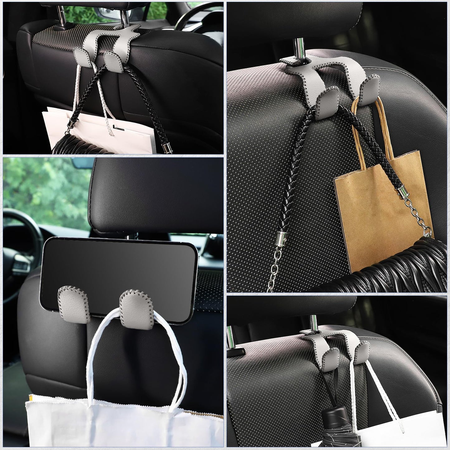 LivTee Upgraded Superior Leather Car Seat Back Headrest Hook, 2 in 1 Auto Seat Hook Hangers Holder Organization Interior Accessories for Purses Coats Umbrellas Grocery Bags Handbag (Gray)
