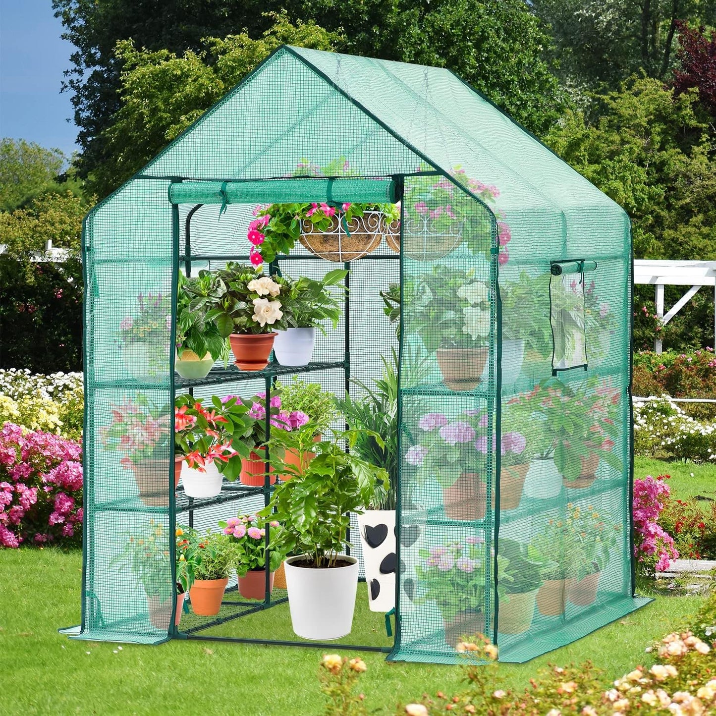 Ohuhu Greenhouse for Outdoors with Screen Windows, 57 x 57 x 76'' Walk in Plant Greenhouses Heavy Duty with Durable PE Cover, 3 Tiers 12 Shelves Stands Plastic Portable Green House with Shelf Clips
