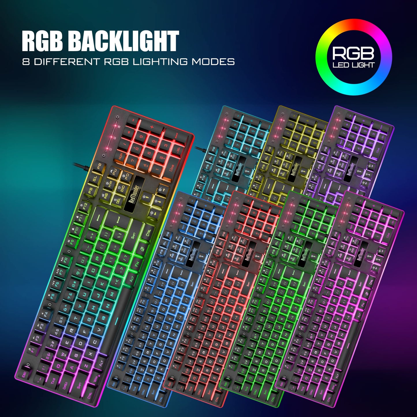 RedThunder K10 Wired Gaming Keyboard and Mouse and Wrist Rest Combo, RGB Backlit, Mechanical Feel Anti-ghosting Keyboard + 7D 7200 DPI Mice+Soft Leather Wrist Rest 3 in 1 PC Gamer Accessories(Black)