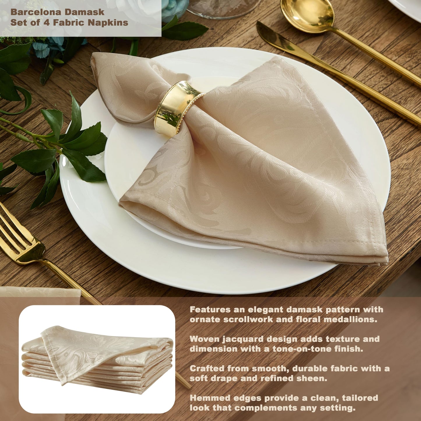 Newbridge Barcelona Luxury Damask Fabric Tablecloth, 70” Extra Wide x 90” Rectangle, Golden Beige, 100% Polyester, No Iron, Soil Resistant Dining Room, Party and Banquet Table Cover