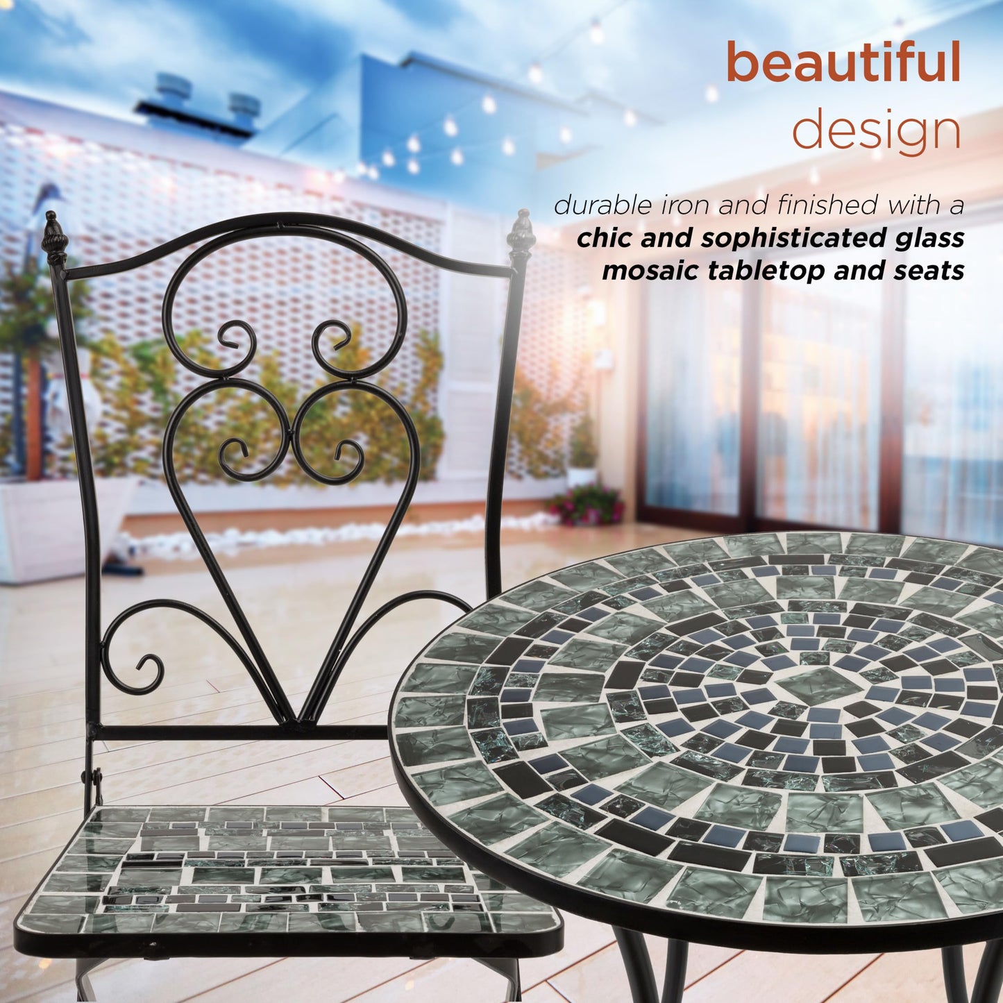 Alpine Corporation Indoor/Outdoor Marbled Glass Mosaic 3-Piece Bistro Set Folding Table and Chairs Patio Seating