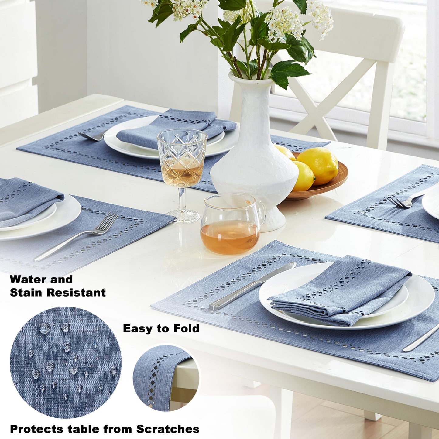 Newbridge Rectangle Fabric Placemats, Set of 4 Placemats, Provence Lattice Cutwork Solid Color Textured, Water and Stain Resistant Easy Care, Wedgewood Blue