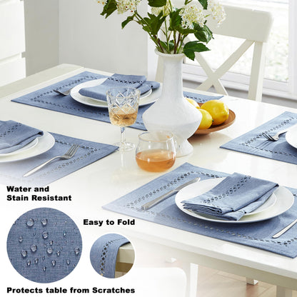 Newbridge Rectangle Fabric Placemats, Set of 4 Placemats, Provence Lattice Cutwork Solid Color Textured, Water and Stain Resistant Easy Care, Wedgewood Blue
