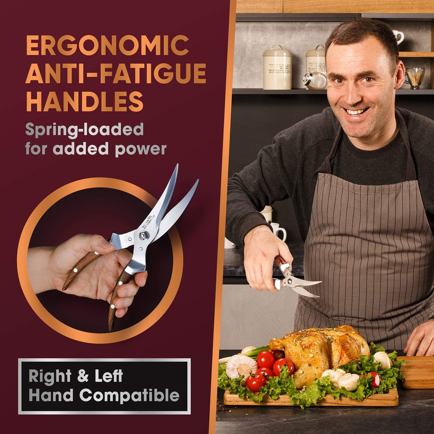 Heavy Duty Poultry Shears | Food Grade Stainless Steel Scissors for Bone, Chicken, Meat, Fish, Seafood, Vegetables | Anti-Rust Ergonomic Spring Loaded Food SHEAR | Built-In Lock |(Brown Wood Handles)