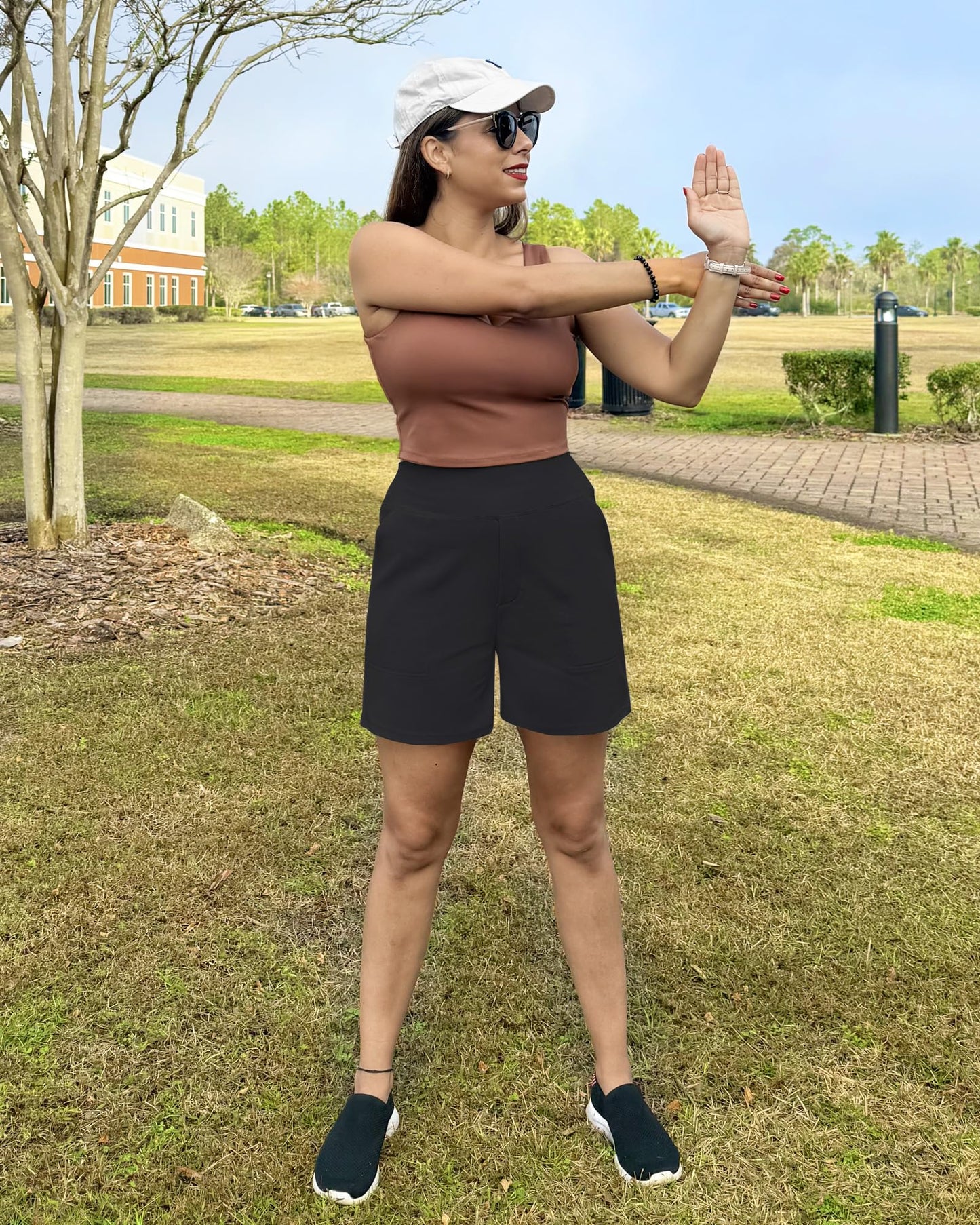 G4Free Athletic Shorts for Women 5'' High Waisted Yoga Running Shorts Dressy Summer Casual Shorts with Pockets Stretch (Black,M,5")