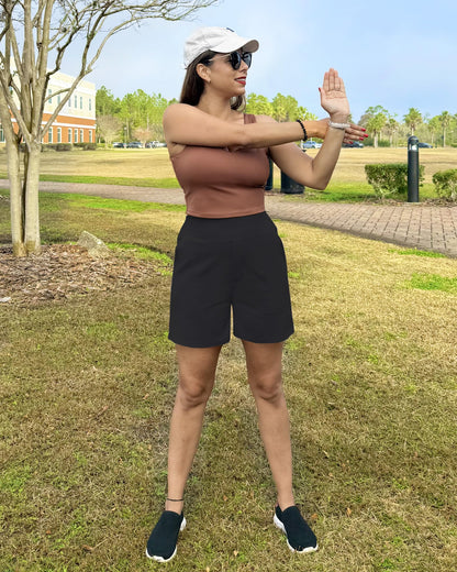 G4Free Athletic Shorts for Women 5'' High Waisted Yoga Running Shorts Dressy Summer Casual Shorts with Pockets Stretch (Black,M,5")