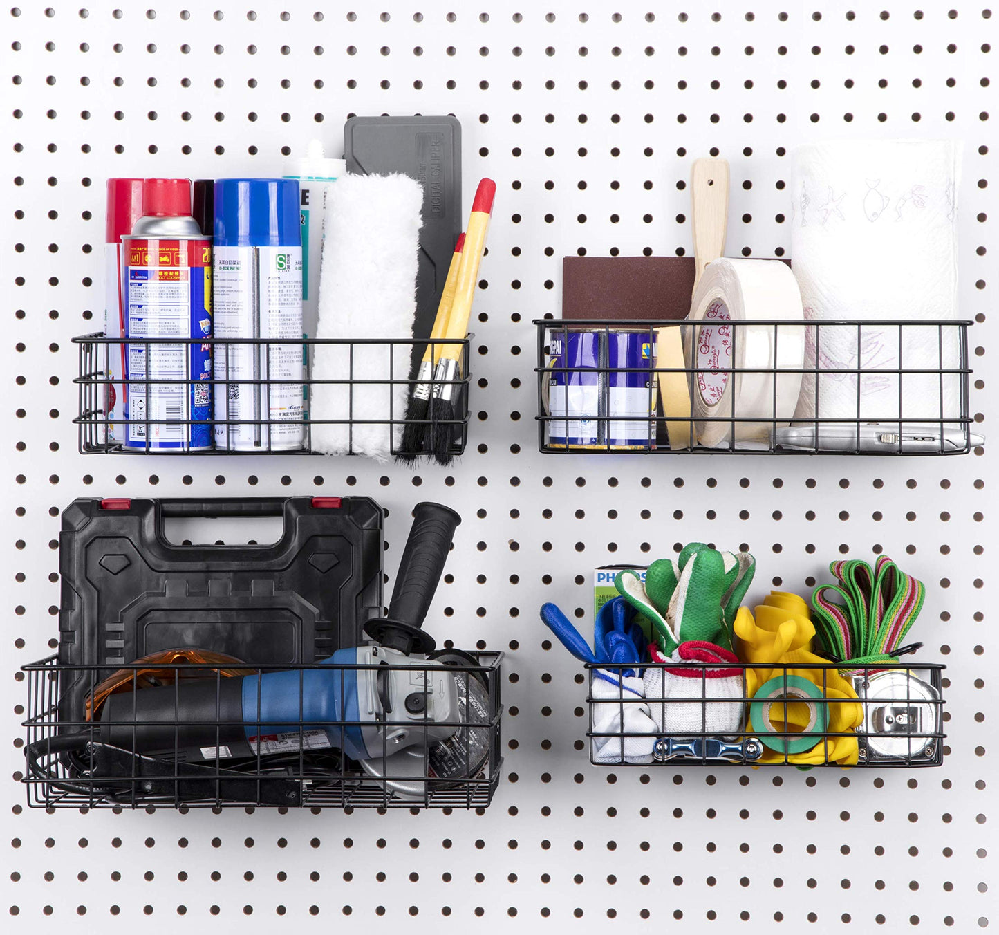 Pegboard Baskets, Set of 4 Black - Hooks to Any Peg Board - Pegboard Accessories, Square Style Wire Shelf Baskets - Organize Tools, Workbench, Garage Storage - Wall Organizer Attachments