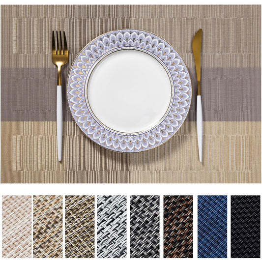 LEXMORE Placemats Set of 8 Vinyl/Plastic Woven Place Mats for Kitchen Table Indoor/Outdoor Washable Placemat Wipeable Dining Table Mats(Gold Dune)