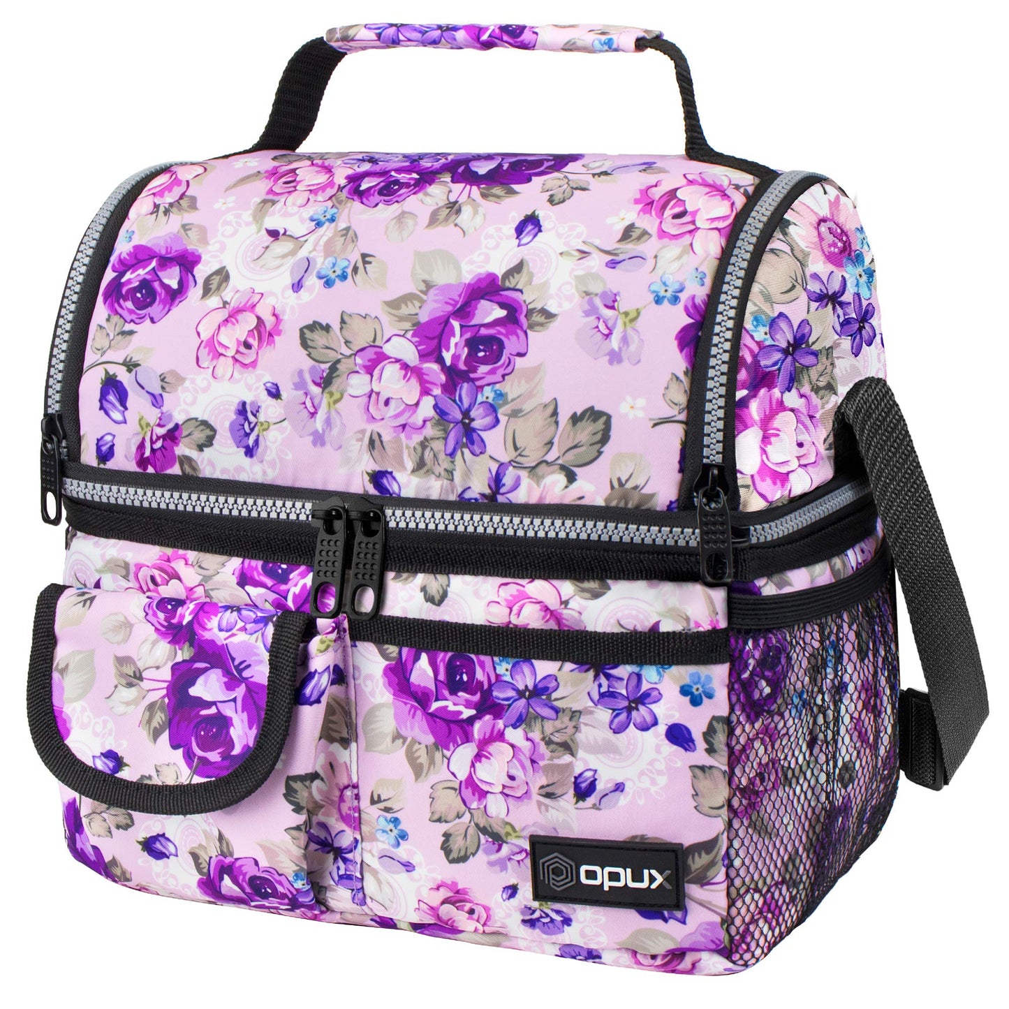 opux Lunch Bag Women Insulated, Adult Lunch Box Cooler, Flower Lunch Box, Dual Compartment Lunchbox for Work, Leakproof Double Decker Lunch Bag, Soft Lunch Pail Tote Girls Kids School, Floral Purple