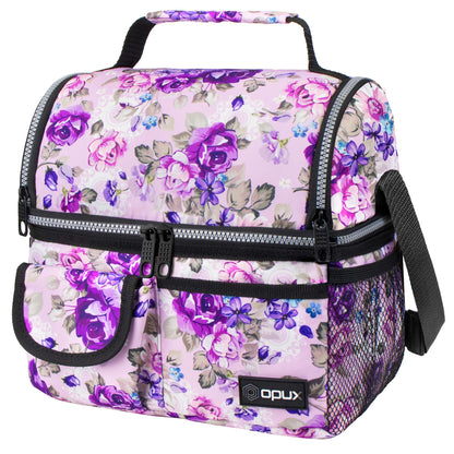 opux Lunch Bag Women Insulated, Adult Lunch Box Cooler, Flower Lunch Box, Dual Compartment Lunchbox for Work, Leakproof Double Decker Lunch Bag, Soft Lunch Pail Tote Girls Kids School, Floral Purple
