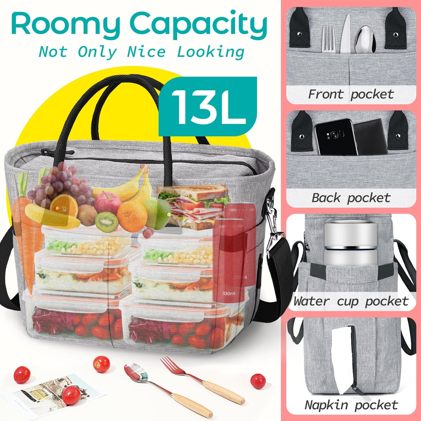 KIPBELIF Cute & Roomy Lunch Box for Women – Adults Large Insulated Lunch Bag with Shoulder Strap, Multi-Pockets, and Water Bottle Holder for Work, Picnic, and Outdoors (Extra Large Size, Gray)