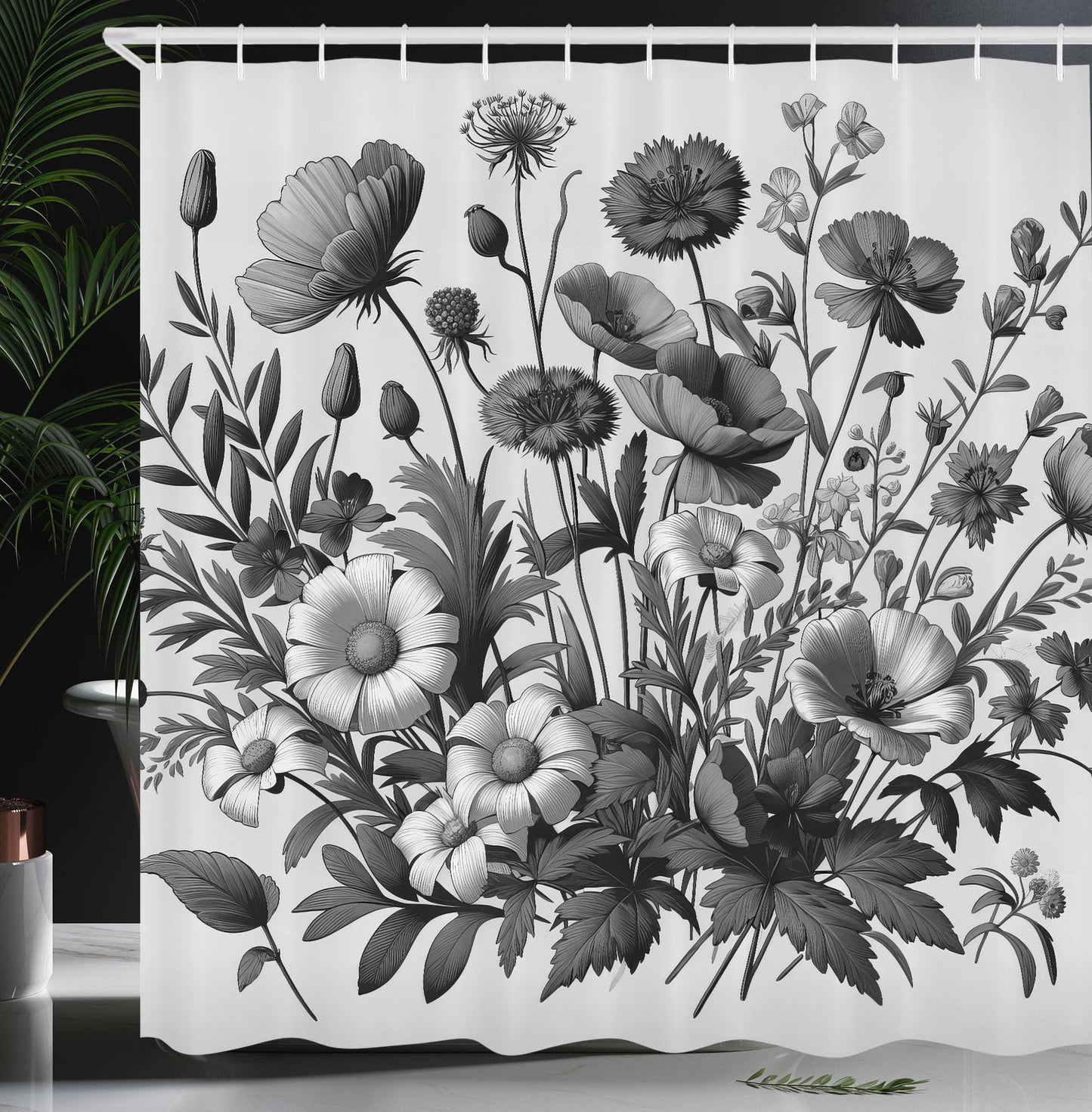 Ambesonne Grey Shower Curtain, Farmhouse Botany Scene with Muted Tones Drawn Wildfloral and Grayscale Leaves, Cloth Fabric Bathroom Decor Set with Hooks, 69" W x 70" L, Dark Eggshell Pearl