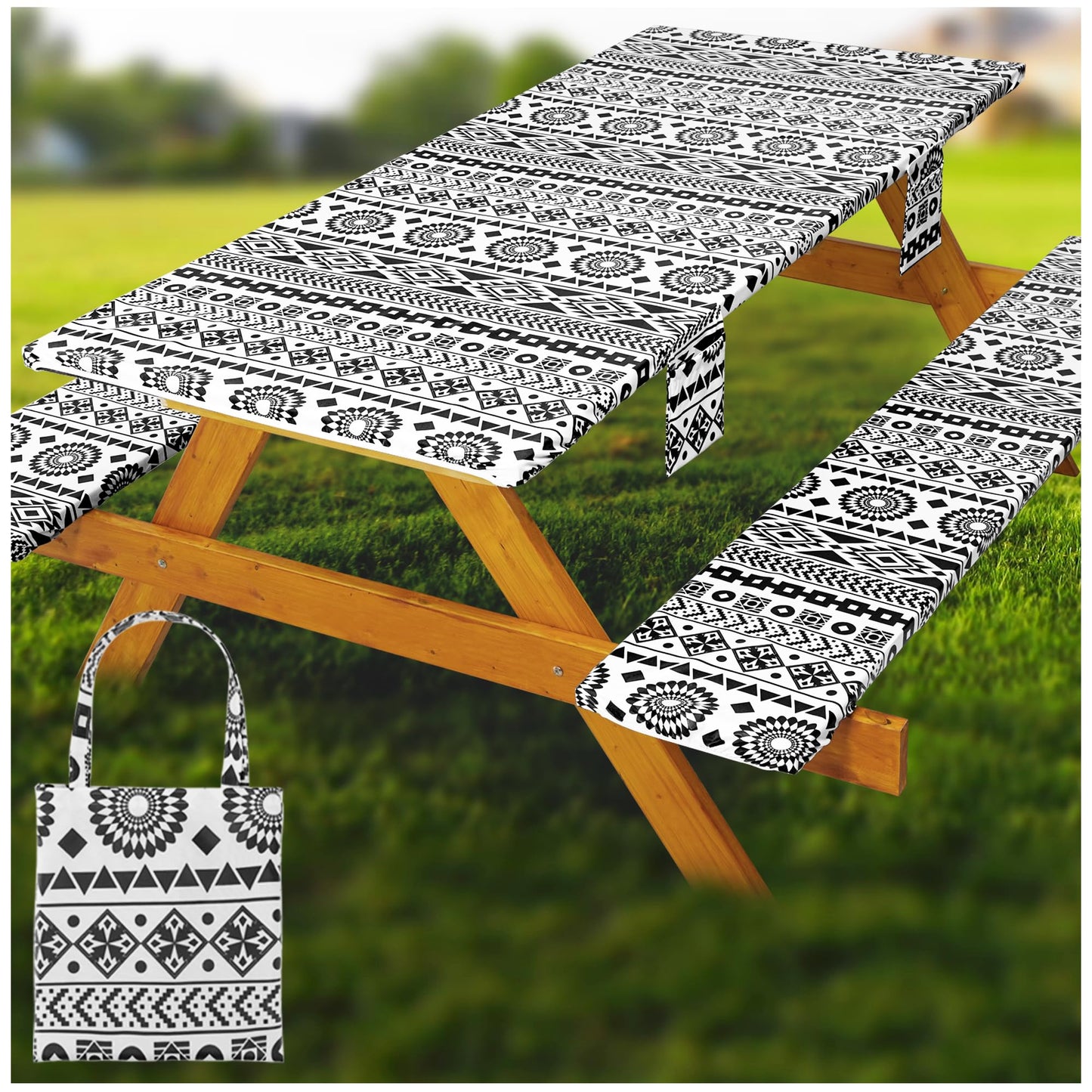 Picnic Table Cover with Bench Covers Vinyl Elastic Edges Fitted Rectangle Tables Seat Waterproof 3-Piece96X30in Set Outdoor Rectangular Folding Backing Tablecloth for Camping Over Size BlackGeometrics