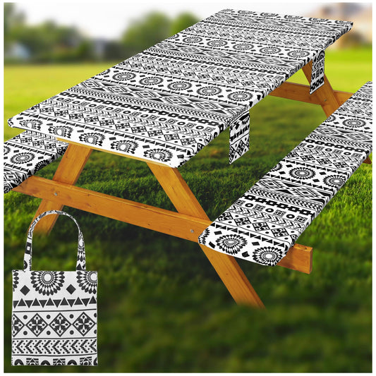 Picnic Table Cover with Bench Covers Vinyl Elastic Edges Fitted Rectangle Tables Seat Waterproof 3-Piece96X30in Set Outdoor Rectangular Folding Backing Tablecloth for Camping Over Size BlackGeometrics