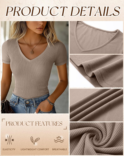 Ficerd 3 Pack Women's Short Sleeve Cotton T-Shirts V Neck Ribbed Slim Fit Tops Ladies' Casual Summer Basic Tee(Black, White, Khaki,L)