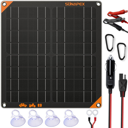 SUNAPEX 20W 12V Solar Panel Battery Charger Maintainer, Portable Waterproof Solar Trickle Charger with Built-in Charge Controller, Cig Plug, Alligator Clips, O-Rings for Car, Truck,Tractor, Boat, etc