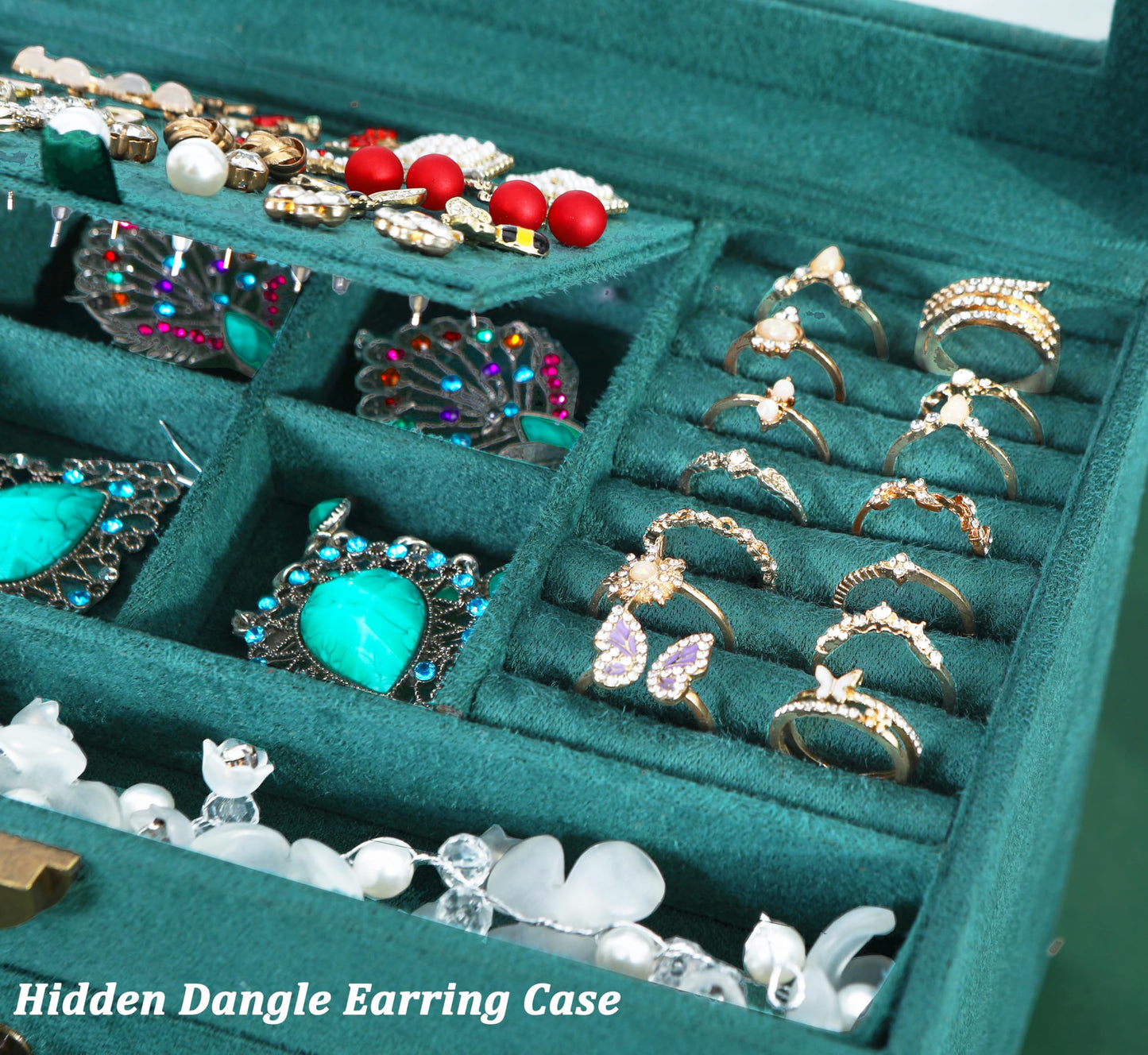 QBestry Large Jewelry Box for Women with Lock,4 Layer Glass Lid Jewelry Organizer with Drawers,Green Velvet Jewelry Storage Organizer Box for Bracelet Ring and Earring Jewelry Box with Sunglass Holder