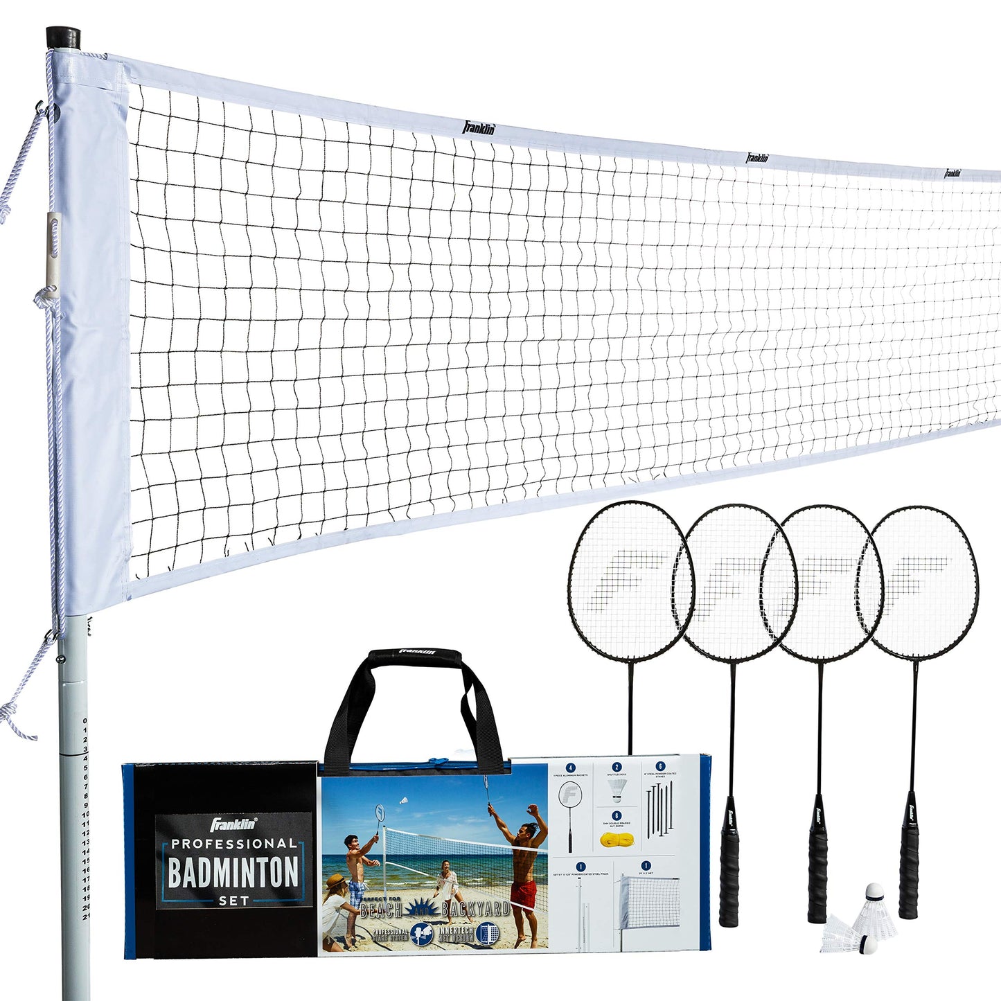 Franklin Sports Badminton Net Set - 4 Aluminum Rackets, 2 Birdies, Adjustable Net and Stakes - Backyard or Beach Badminton Set - Easy Setup - Professional