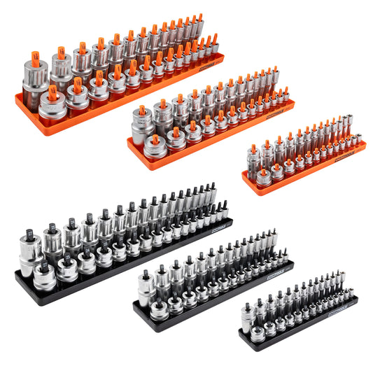 OEMTOOLS 22418 6 Piece SAE and Metric Socket Tray Set, SAE and Metric Socket Storage for Sizes 1/4", 3/8”, and 1/2" Drive, Socket Holders and Socket Organizer Tray for Toolbox, Orange and Black