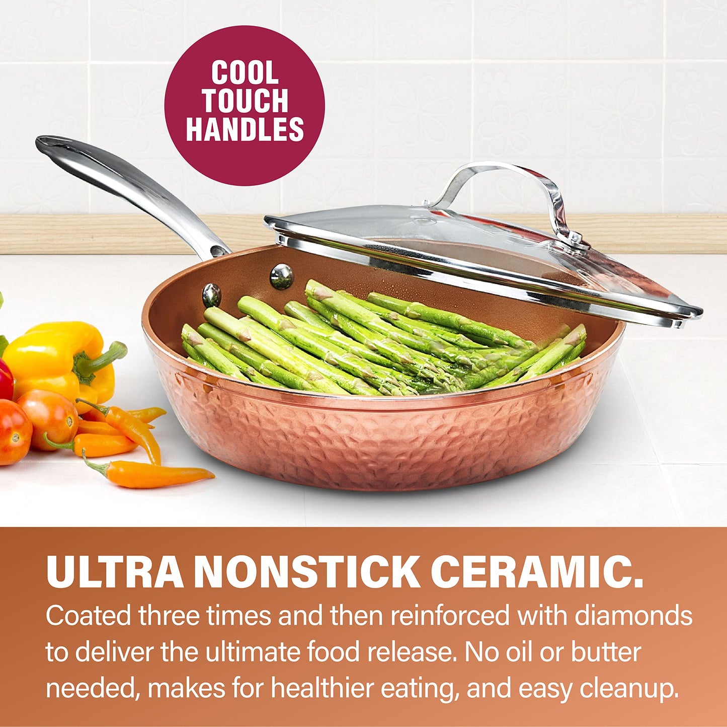 Gotham Steel 9.5" Hammered Pan with Tempered Glass Lid and Cool Touch Handles, Ultra Nonstick Fry Pan, Scratch Resistant Dishwasher Oven-Safe, Non-toxic Frying Pans and Skillets Cookware As Seen on TV